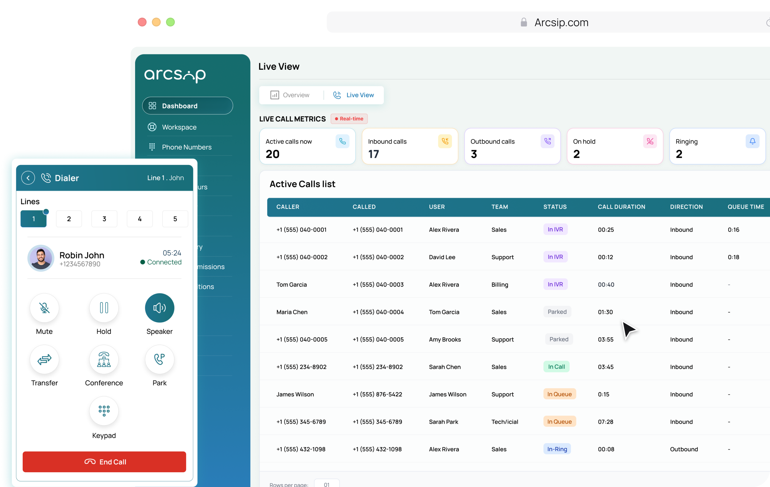 ArcSIP dashboard and dialer preview